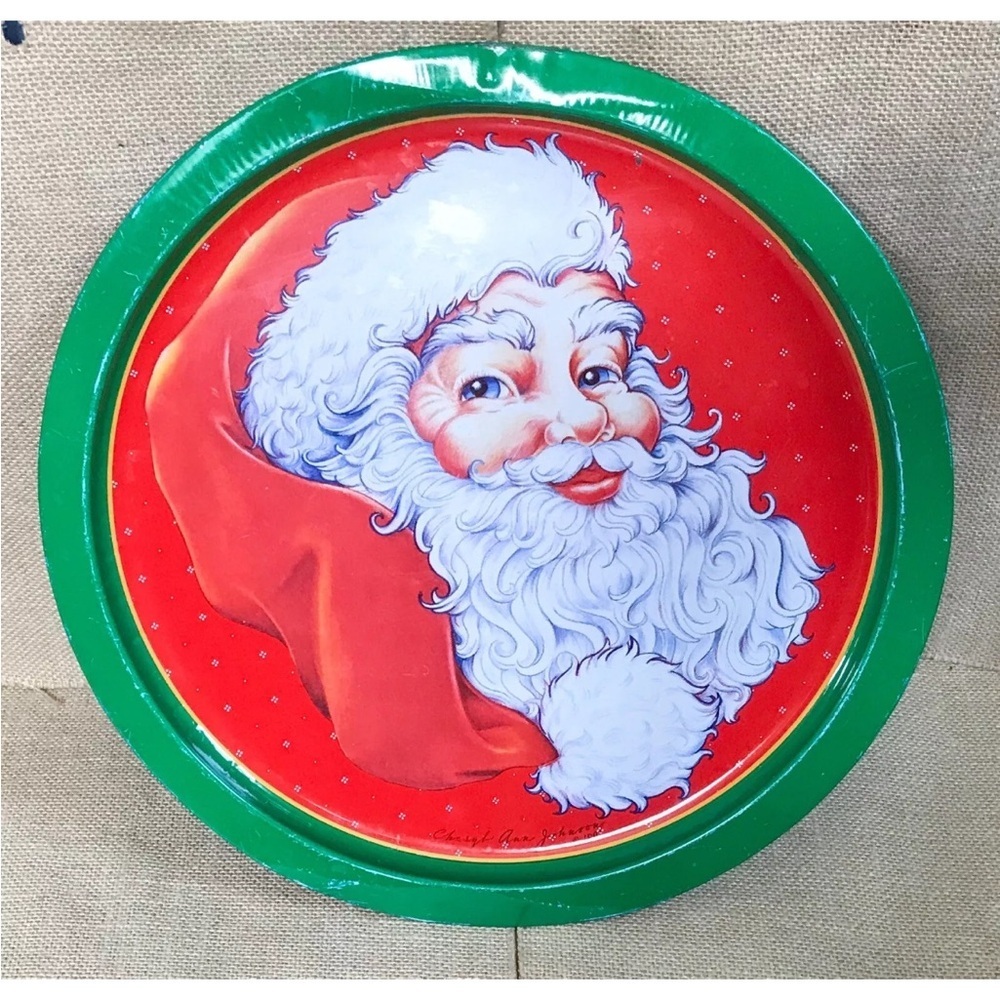 Vintage Santa Claus Christmas Metal Tray Cheryl Ann Johnson Holiday Whimsical